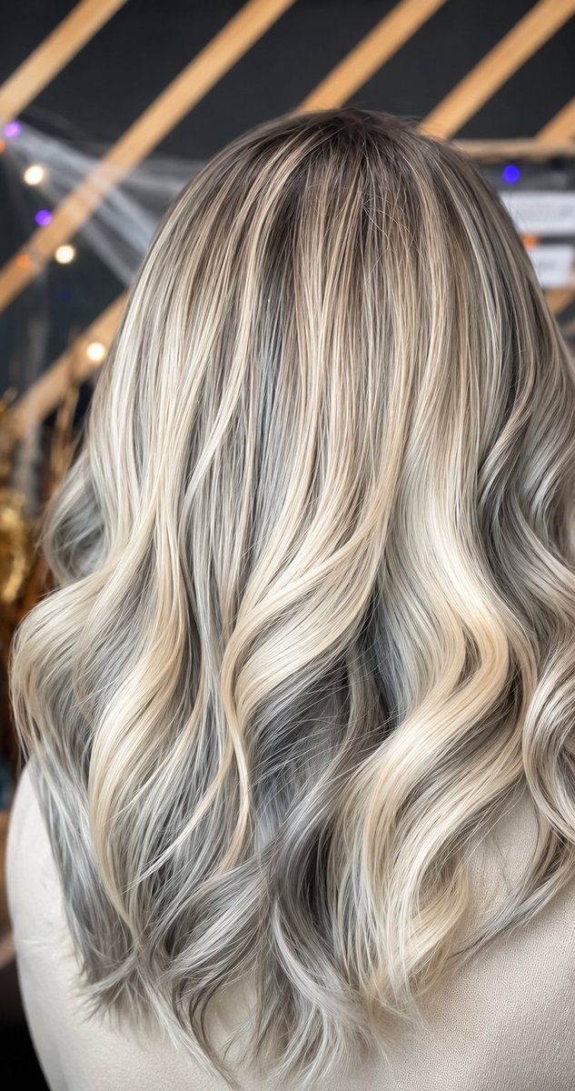 Long blonde balayage with waves at Honeycomb Salon