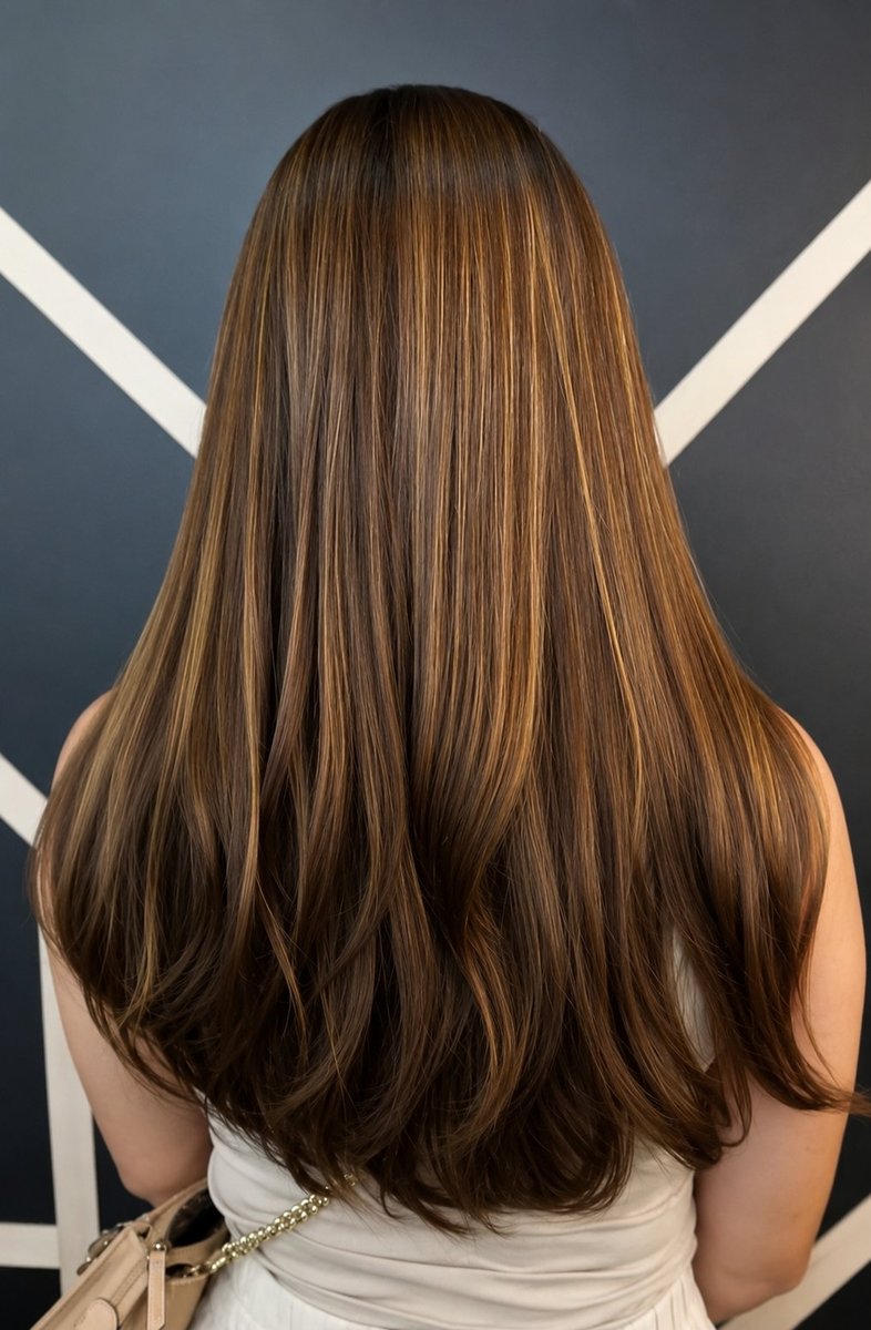Brown hair with caramel highlights at Honeycomb Salon