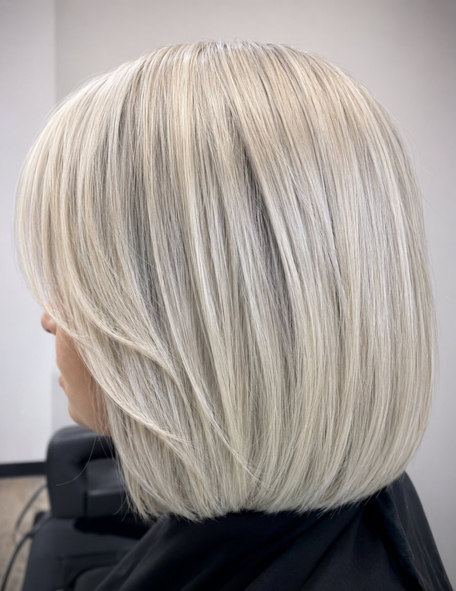 Platinum blonde bob hair color at Honeycomb Salon Houston Northside